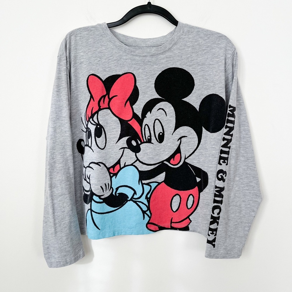Disney Mickey & Minnie‎ Mouse Cropped Graphic Tee Womens XXL Gray Spellout